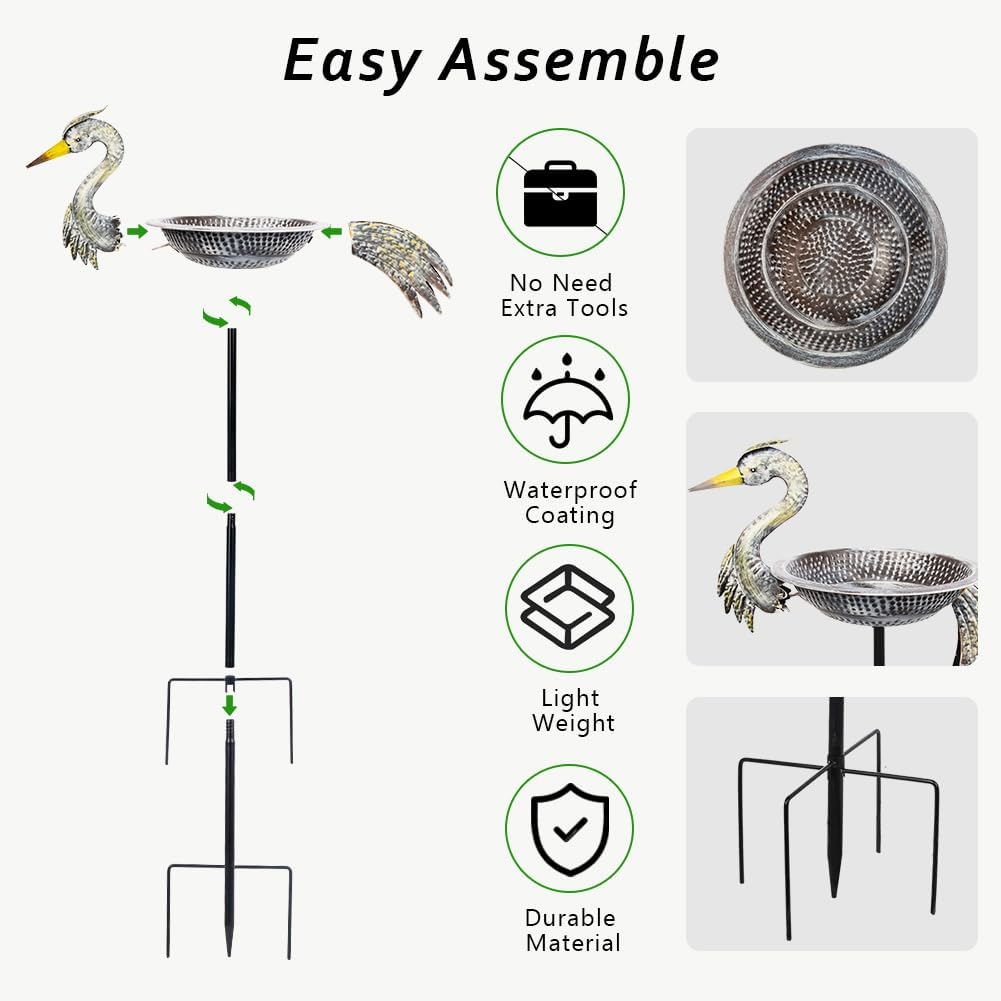 Metal Bird Bath with Stake, 13" Dia Crane Bird Baths for Outdoors, Freestanding Birdbath & Birdfeeder for Outside Garden Yards Lawn Decor, 46 Inch Tall