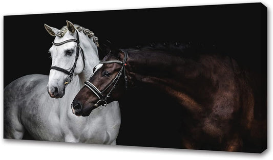 Jiuqinghua Wall Art Canvas Print Picture White and Brown Horses 1 Panel Wild Animal Painting Artwork for Living Room Bedroom Office Home Wall Decor Stretched and Framed Ready to Hang 24x48inches