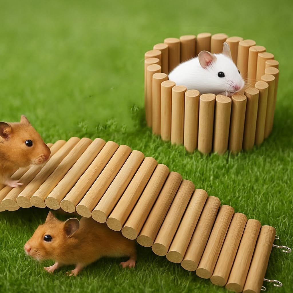 SIMENA Wooden Hamster Suspension Bridge Toy, Hamster Fencing, Natural Climbing Ladder for Dwarf Hamsters, Syrian Hamsters, Mice, Gerbils & Small Pets (Plain, 15.75")