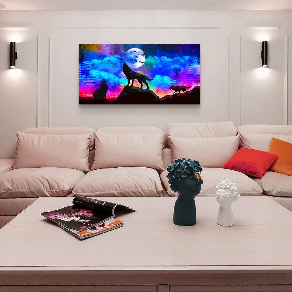 Canvas Wall Art For Living Room Family Wall Decor For Bedroom Modern Office Decorations Animal Wolf Wall Pictures Artwork Blue Starry Sky Scenery Painting Room Canvas Art Prints Home Decor 20" X 40"