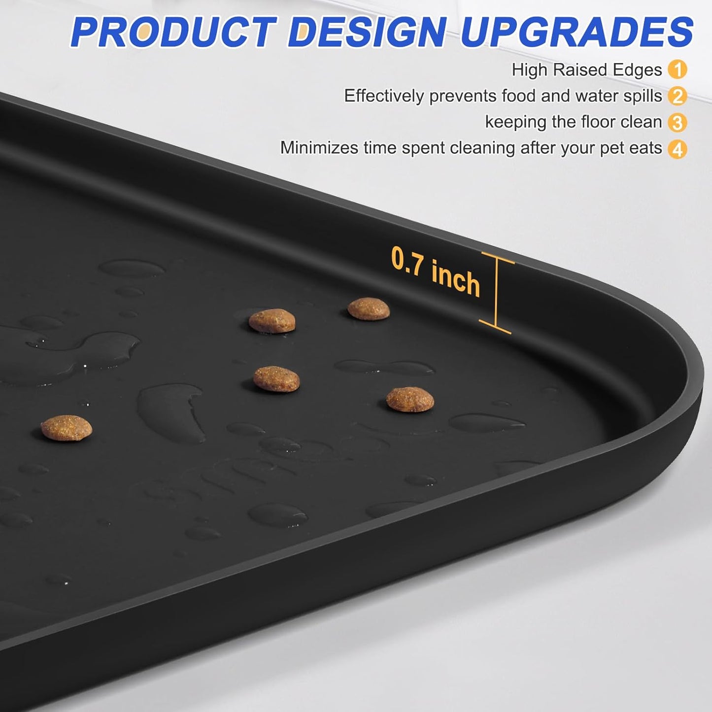 Silicone Pet Feeding Mat with Raised Edge for Food and Water, Dog Bowl Mats, Cat Bowls Placemat with High Lip for Floor Waterproof, Rubber Tray for Cats and Dogs 19 x 12 x0.7 Black