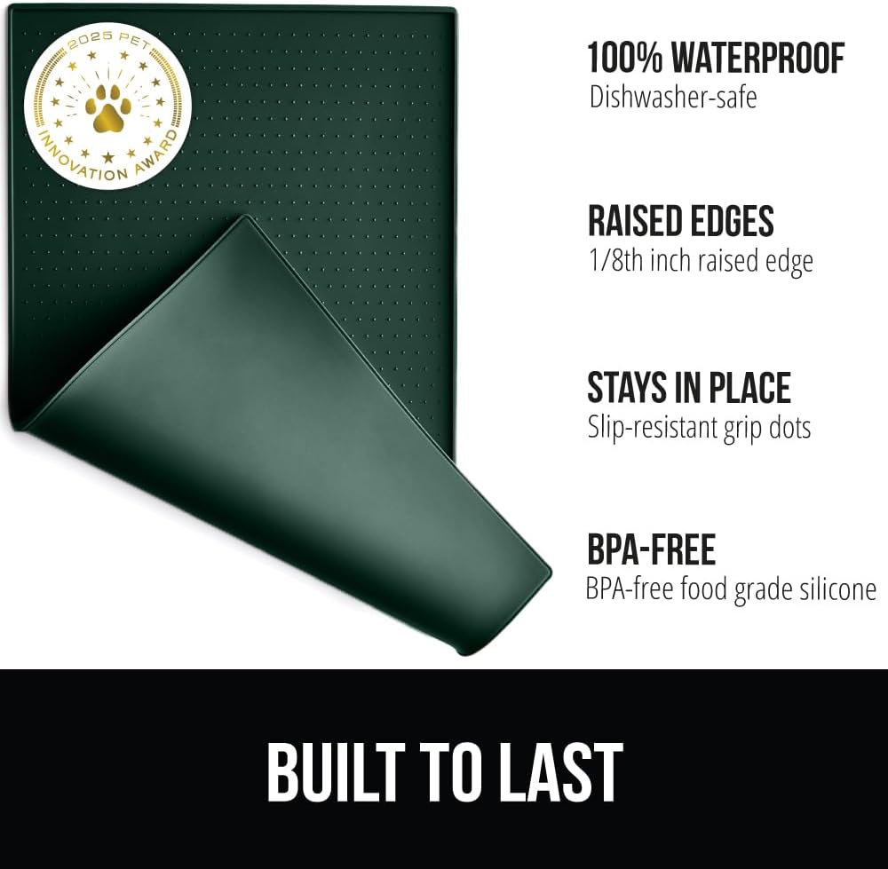 GORILLA GRIP 100% Waterproof Raised Edge BPA Free Silicone Pet Feeding Mat, Dog Cat Food Mats Contain Spills Protects Floors, Placemats for Cats and Dogs Water Bowl, Pets Accessories 32x24 Green