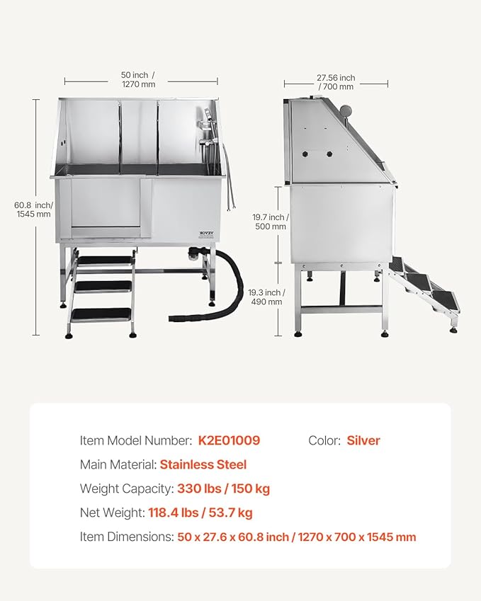 VEVOR Stainless Steel Dog Washing Station, Professional 50 inch Pet Grooming Tub w/Stairs, PE Water Filter Board, Faucet & Showerhead & Soap Holder Bathtub for Large & Medium & Small Pets (Left Door)