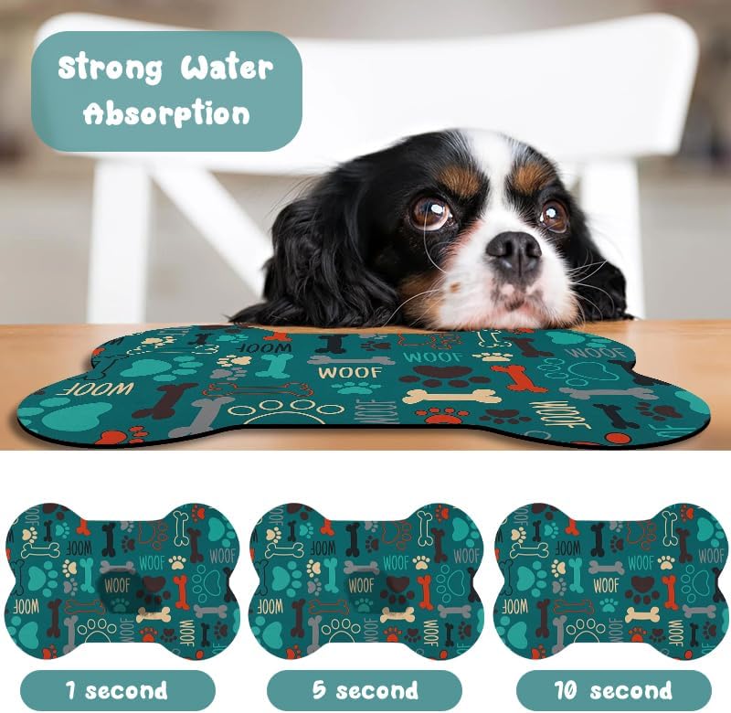 Dog Food Mats for Floors Waterproof, Pet Feeding Absorbent Water Bowl Mat Cat Placemats Green Bone Shape 19 * 12 inch