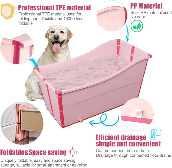 Portable Dog Bathtub for Large Dogs - 48.4Gal Foldable Pet Wash Station with Drain Plug, Insulated & Non-Slip Design for Indoor/Outdoor Bathing, Grooming, Camping（Pink）