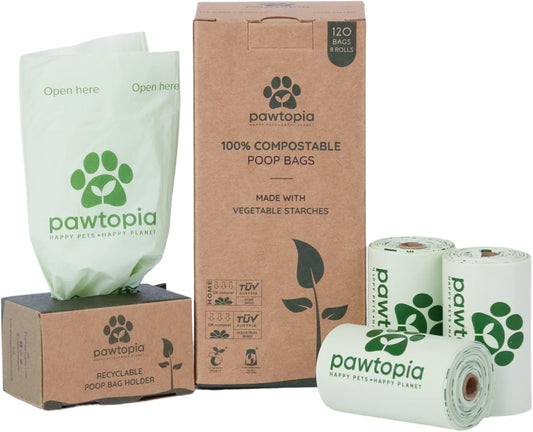 Pawtria Certified Home Compostable Dog Poop Bags (120) + Paper Dispenser, Biodegradable Poop Bags, Cat Litter, Vegetable Starches, Leak proof Dog Waste Bags, Easy to Open, Extra Thick