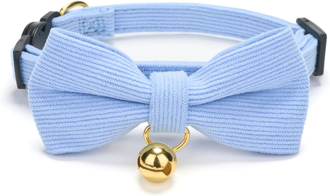 2 Pack Soft Corduroy Cat Collars with Bow Tie & Bell, Adjustable Breakaway Cotton Kitty Bowtie Collar for Female Male Cats(White & Blue)