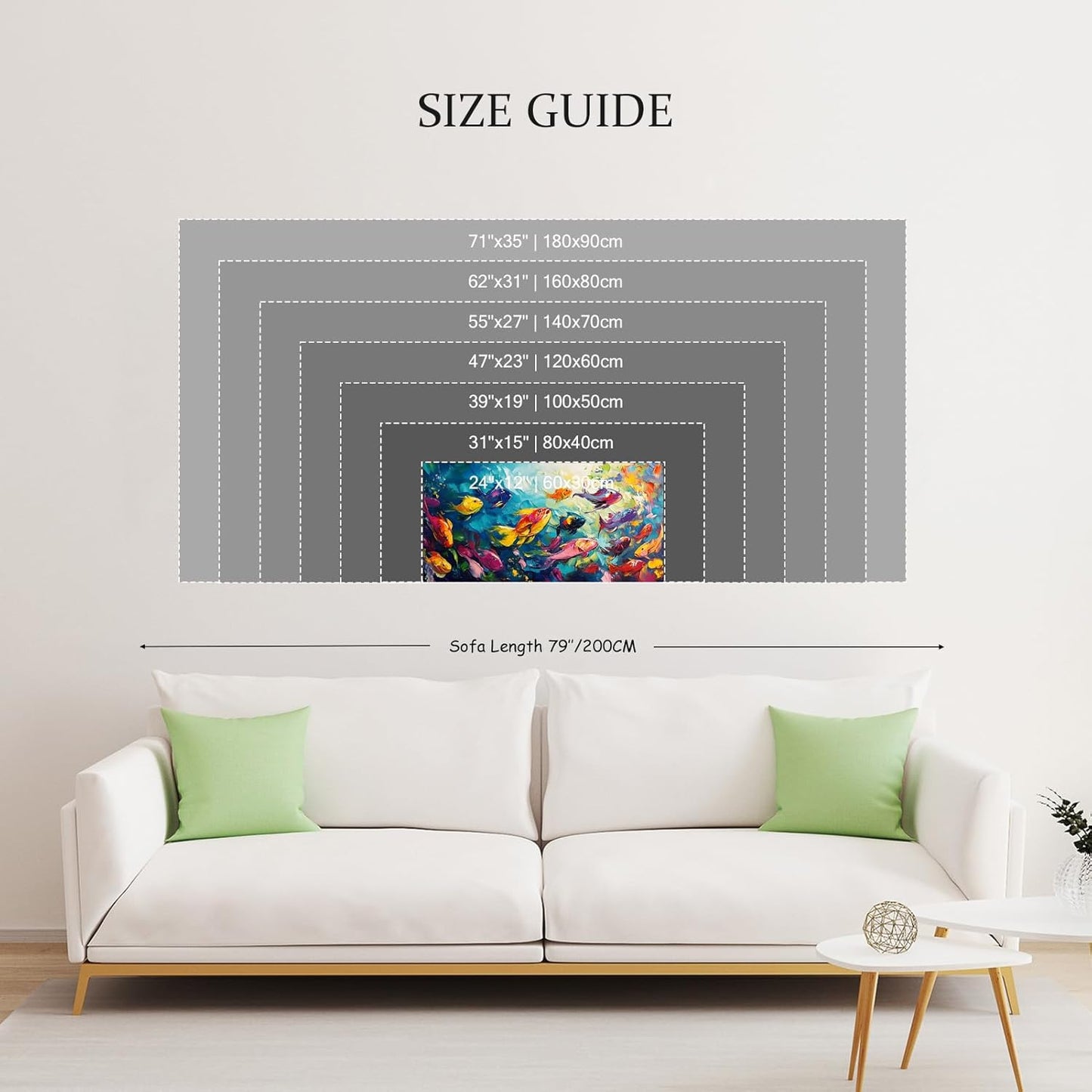 School of Fish Printed Canvas Wall Art – Framed Abstract Ocean Print – Vibrant Fish Wall Decor for Living Room, Bedroom, Office (Gold Framed, 47"x23"|120x60cm)