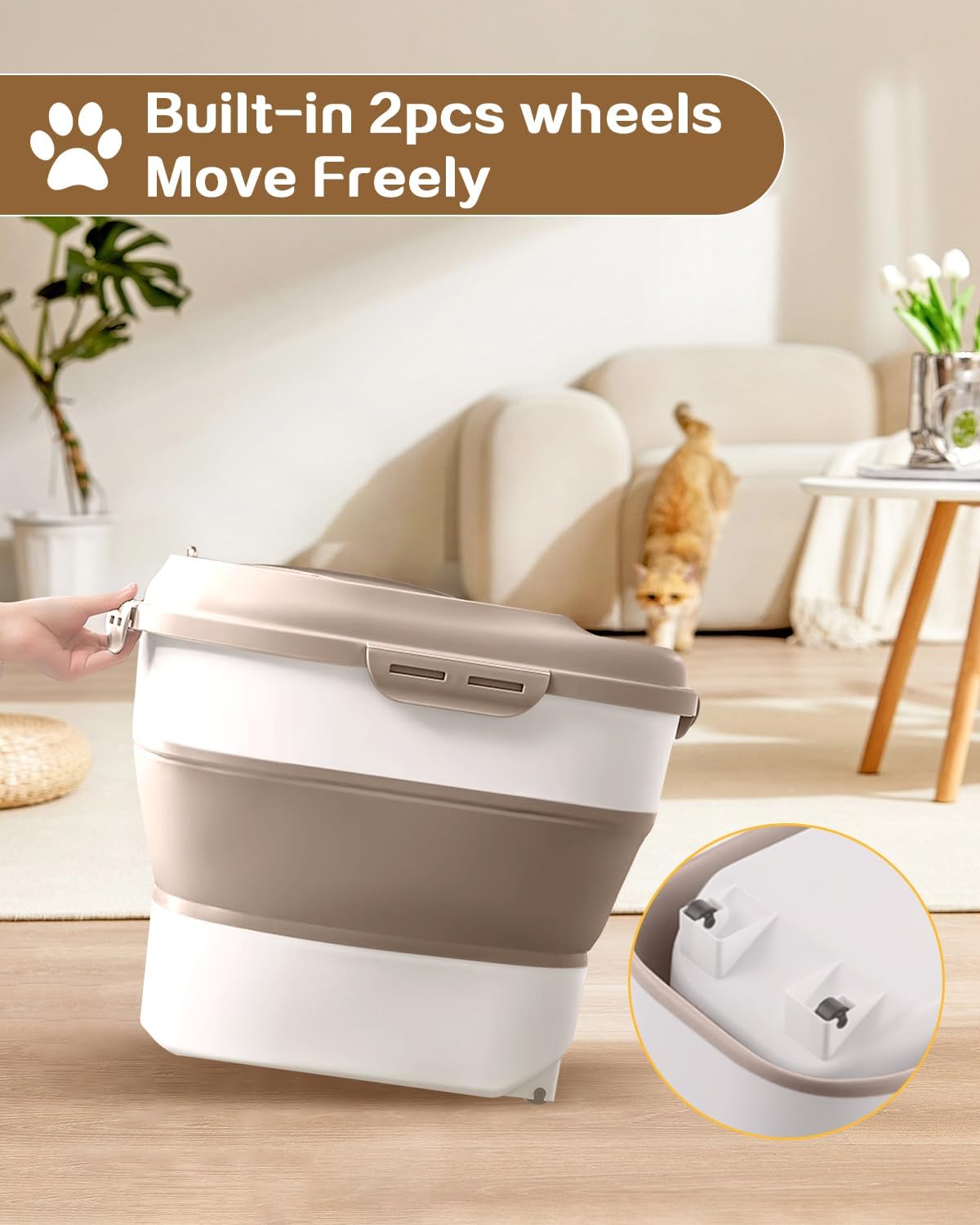 ANVS Dog Food Storage Container - Collapsible Dog Food Container with Airtight Lids, Scoop and 2.5L Small Pet Food Storage Container Dry Food For Dog, Cat and Other Pet Food (Khaki, 30 lbs)