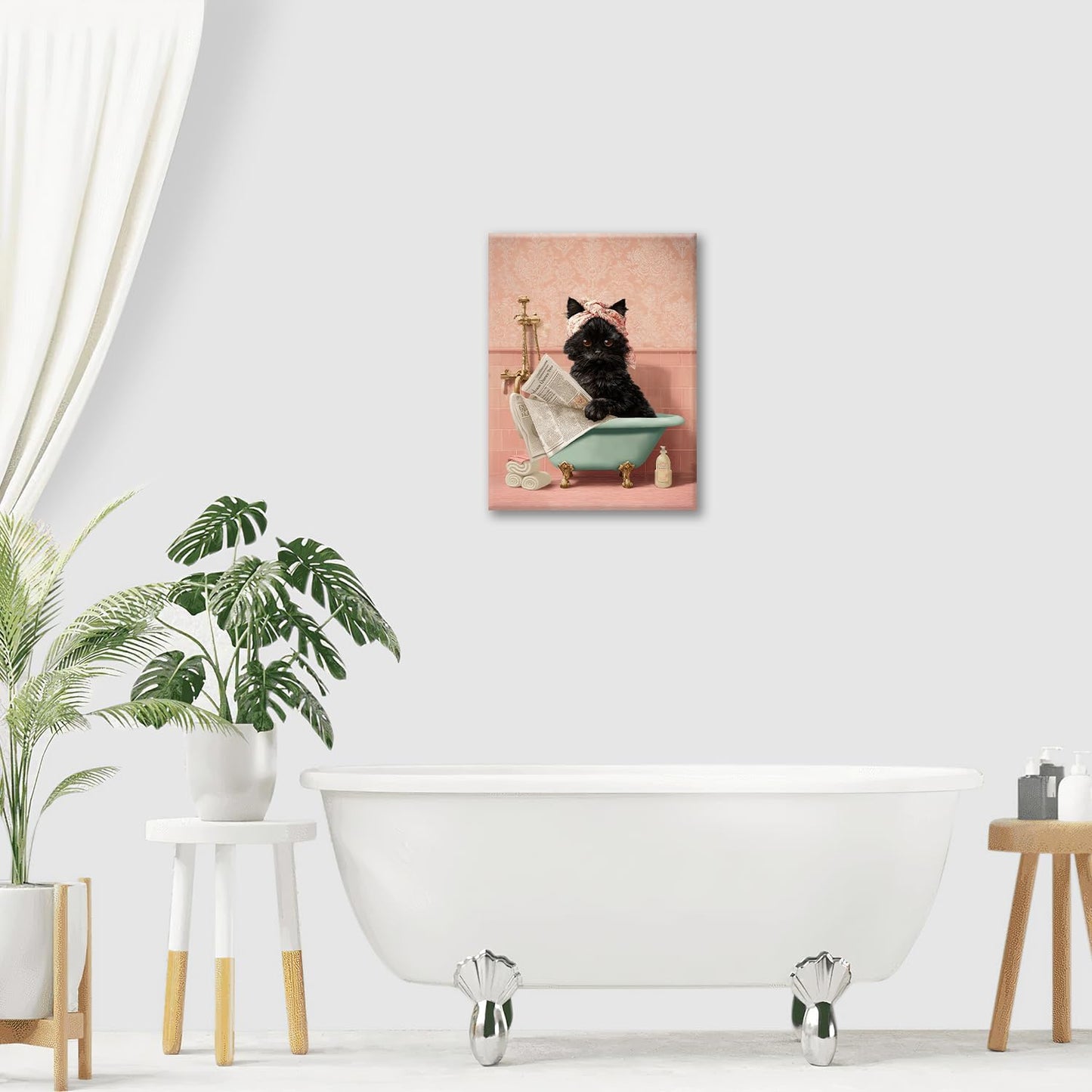 Cat Bathroom Wall Decor Black Cat Reading Newspaper in Bathtub Canvas Wall Art Funny Bathroom Pictures Kitten Painting Print Pink Artwork Framed Decorations Gifts 16"x20"