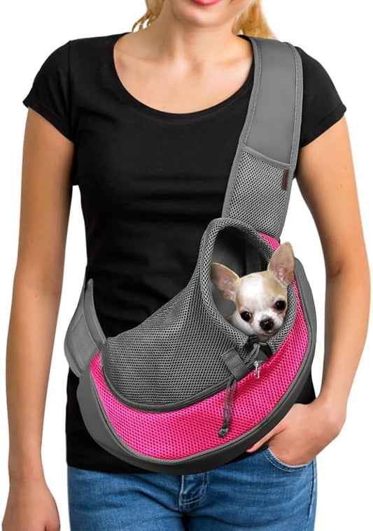 YUDODO Pet Sling Carrier for Small Dogs & Cats – Hands-Free Puppy Carrier with Safety Hook, Large Zipper Pocket, Soft Breathable Mesh, Adjustable Strap & Reflective Strip (Pink 1.0 M)