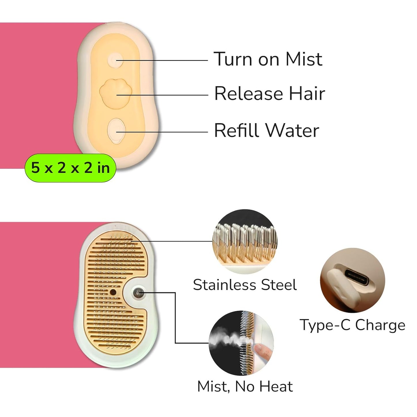 Misty - Moisturizing Pet Comb - Hair Brush with Mist, One-Click Clean, & Stainless Steel Bristles - Anti-Static Deshedding - Smooth Grooming for Cats, Dogs, & Small Pets - No Handle Compact Design