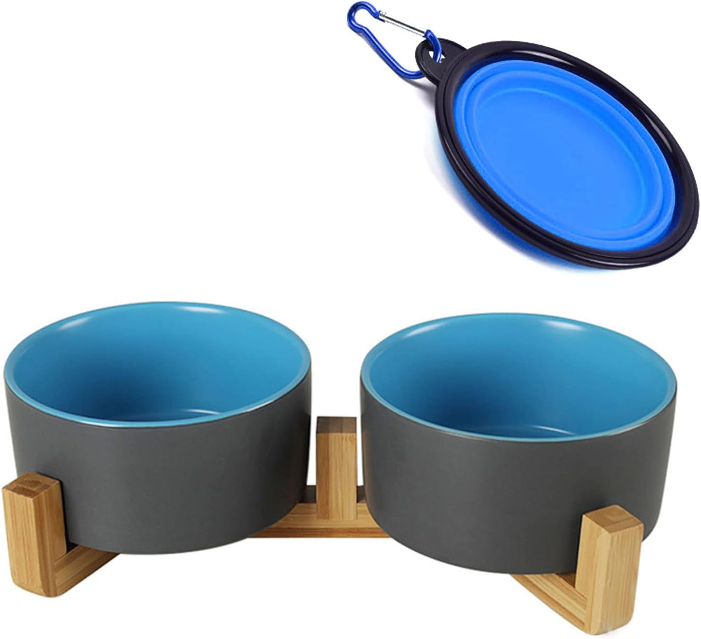Petygooing Heavy 5.1 in Ceramic Cat Dog Bowls Set with Wood Stand for Food and Water, Non-Slip Cute Modern Pet Dish for Small Size Dogs and Cats (13.5OZ) Medium Sized Dogs (28OZ) Grey Blue