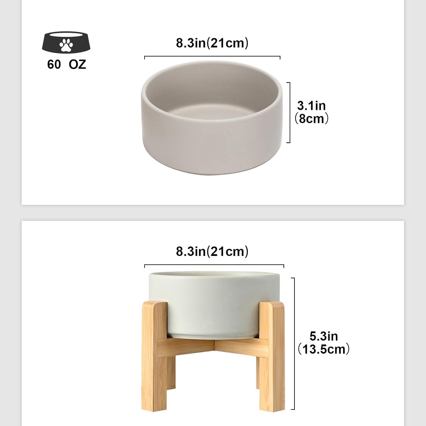 SPUNKYJUNKY Ceramic Elevated Dog Bowls 2 Pack - 8.3inch Raised Dog Bowls with Non-Slip Wooden Stand for Large Dogs Dishwasher Safe(Grey,60OZ*2)