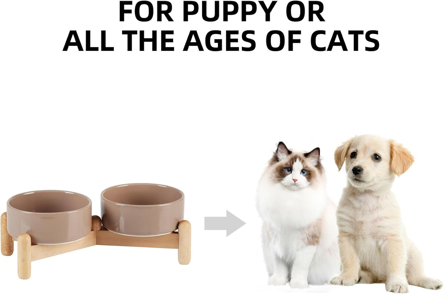 Ceramic 5.1inch Raised Double Bowls Set with Wooden Stand, Elevated Food & Water Bowls for Small Breed Dogs, Cats, Kitty, Weighted Dog Dishes, Pet Bowls(13.5oz, Brown Coffee)