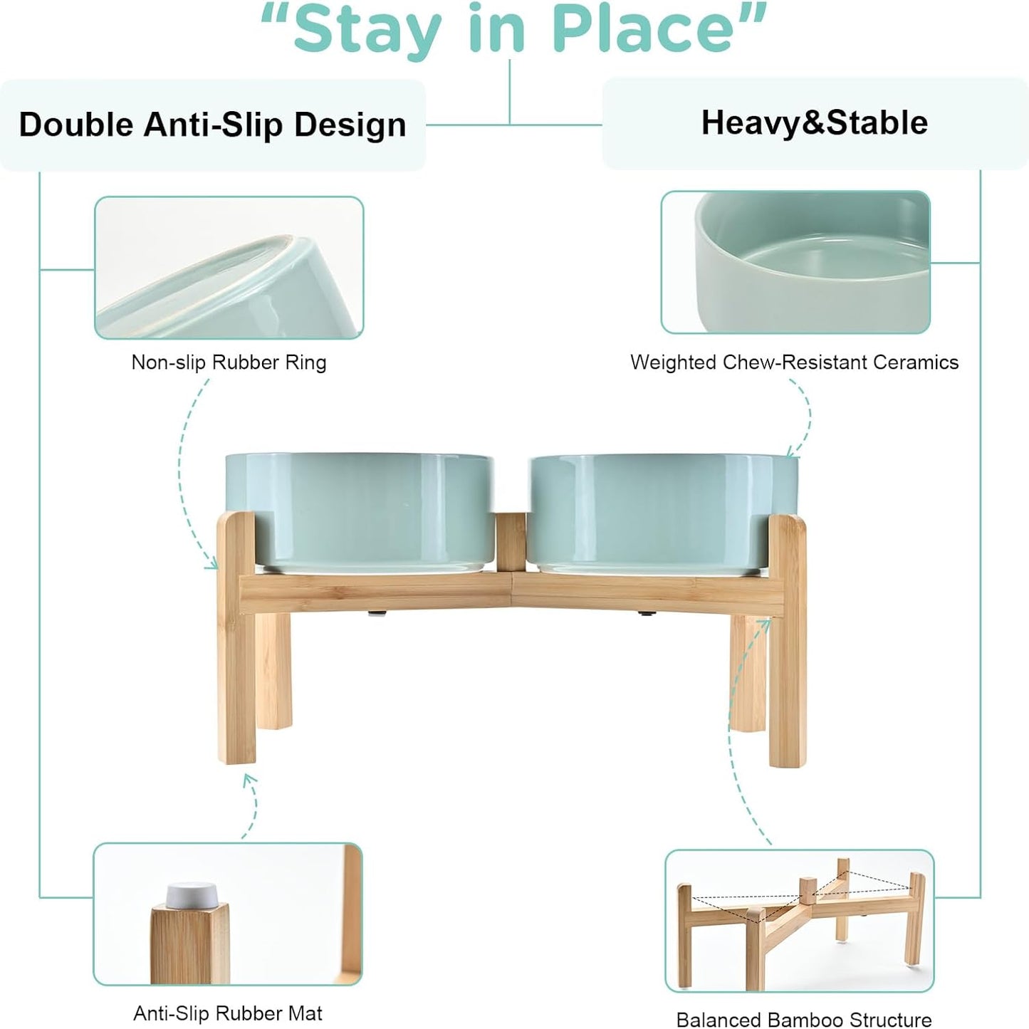 SPUNKYJUNKY Elevated Dog Bowls Ceramic, 7.3'' Dogs Food Water Bowls Raised with Non-Slip Bamboo Stand for Medium to Large Sized Breed Microwave Dishwasher Safe - 42 OZ,Light Green