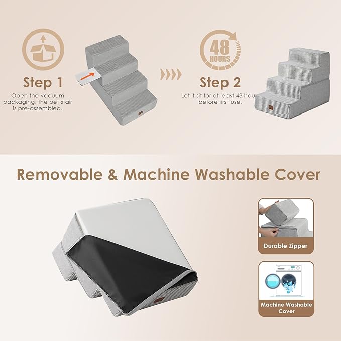 EHEYCIGA Dog Stairs for Bed 18" H, 4-Step Dog Steps for High Bed, Pet Steps for Small Dogs and Cats, Non-Slip Balanced Pet Ramp Indoor, Light Grey