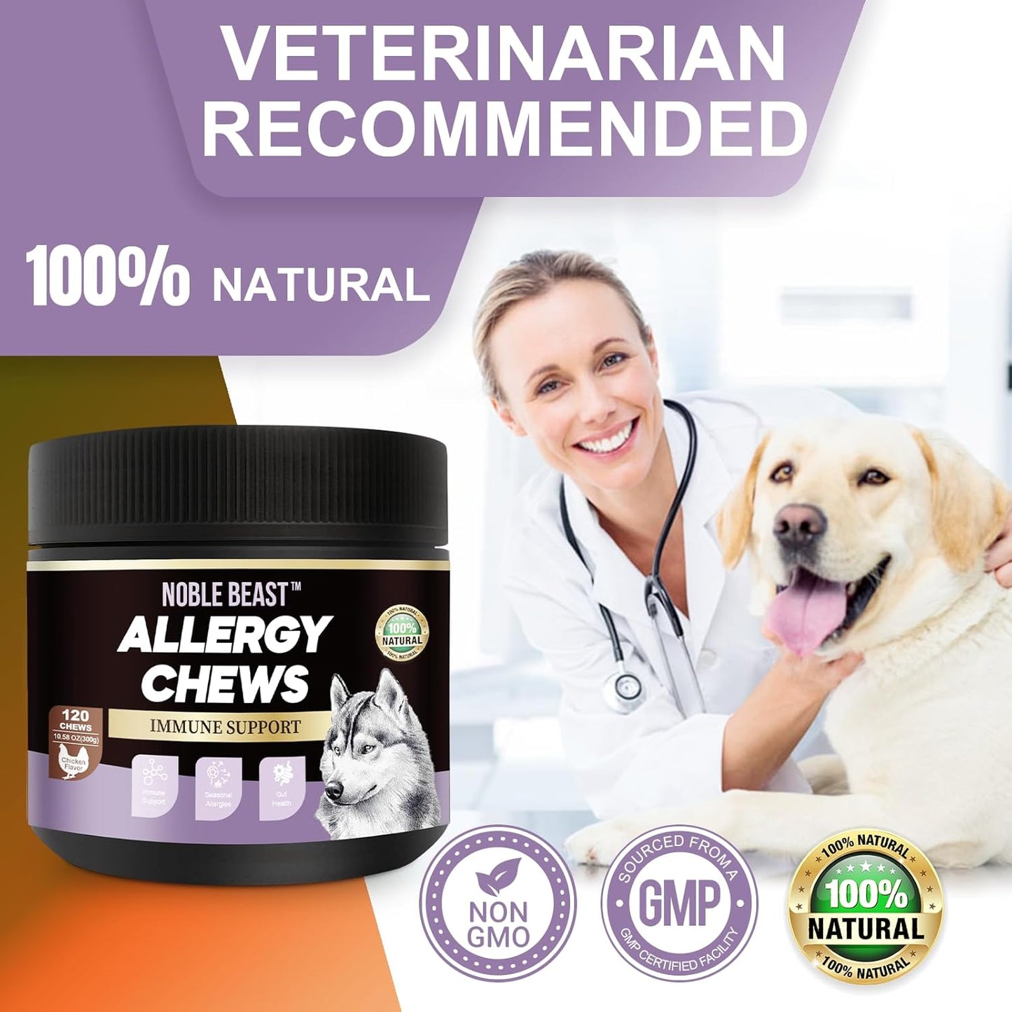 Noble Beast Dog Immune & Allergy Supplement - Itch Relief - Probiotics for Dogs - Skin & Seasonal Allergies - All Natural - Soft Chews with Hemp and Colostrum - Chicken Flavor - 120 Count