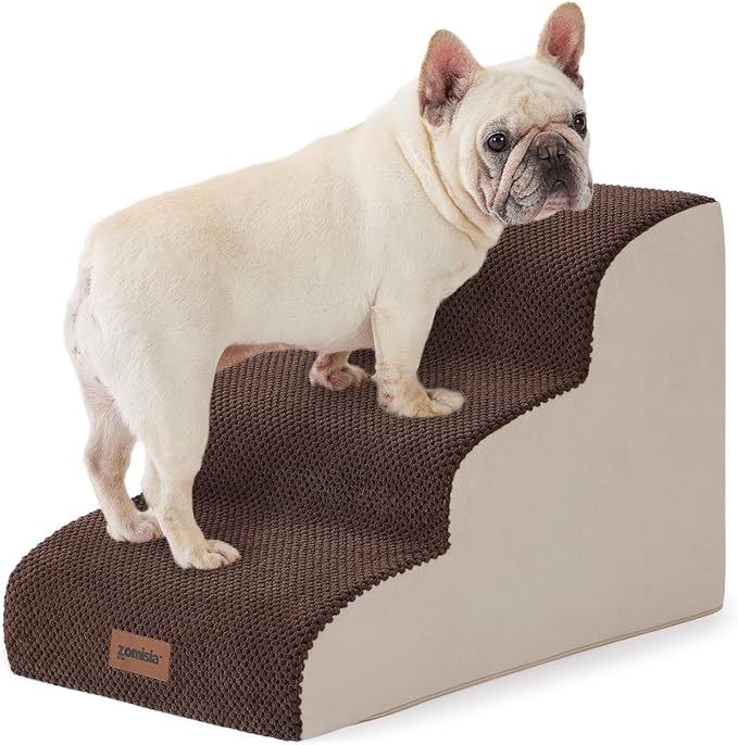 Dog Stairs for Small Dogs - Pet Stairs for Couch and Bed, 35D Foam Dog Steps Ramp with Non-Slip Bottom Brown, 3 Steps