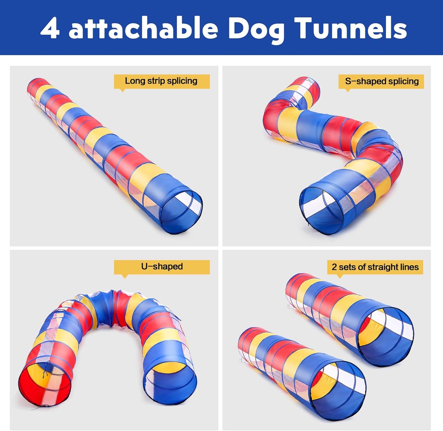 Dog Agility Training Equipment,Course Backyard Set Training Equipment for Dogs Pet Outdoor Game with Yellow, Blue and Red Tunnel, Agility Hurdle, Poles, Jump Ring, Pause Box, Toy Balls and Storage Bag