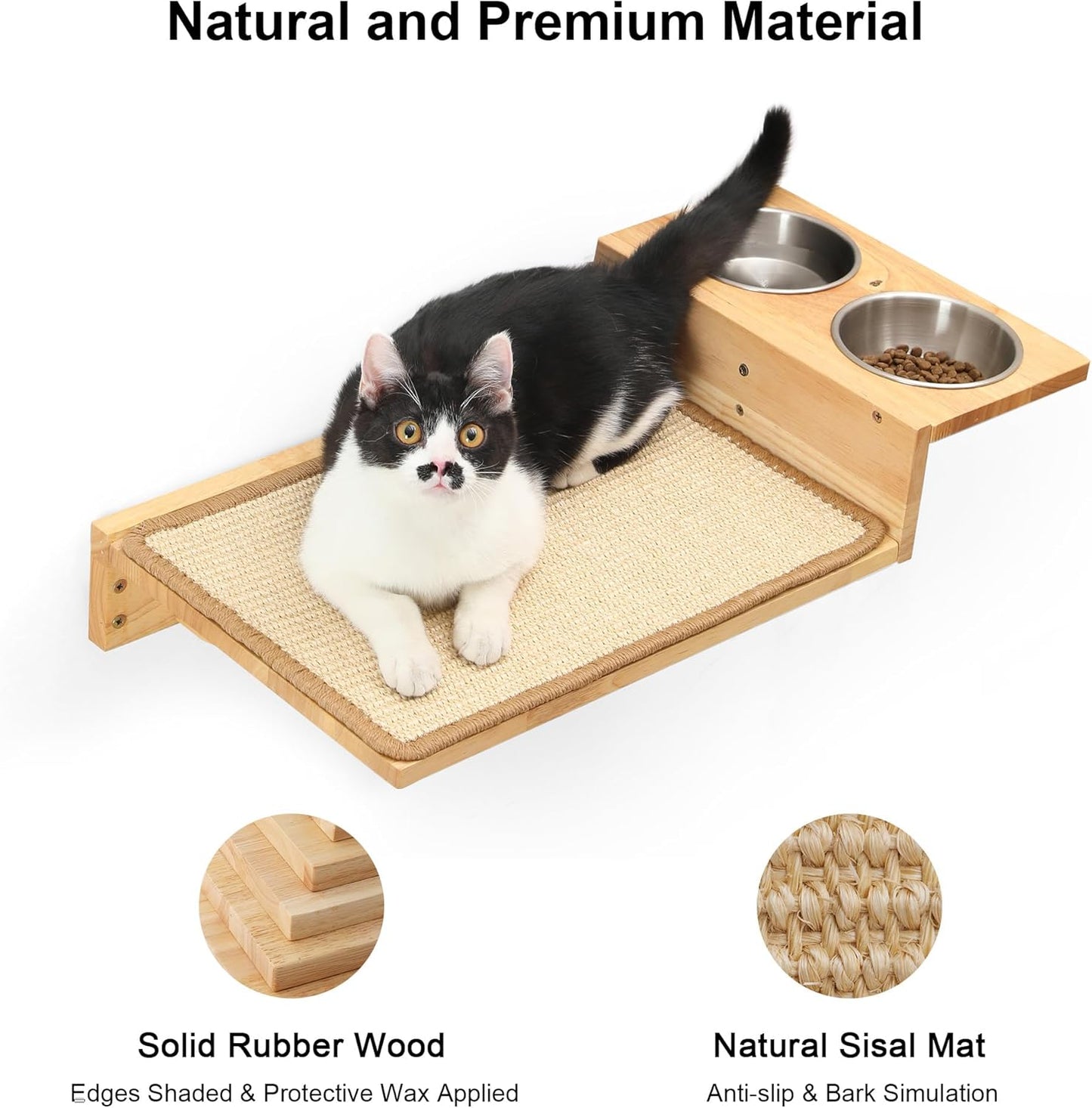 FUKUMARU Cat Wall Shelves, 3 In 1 Cats Walls Furniture Set, Food Station with 2 Steps , Solid Rubber Wood Perch, Suitable for Kitten Play, Nap, Eat, DIY Wall Jungle Gym