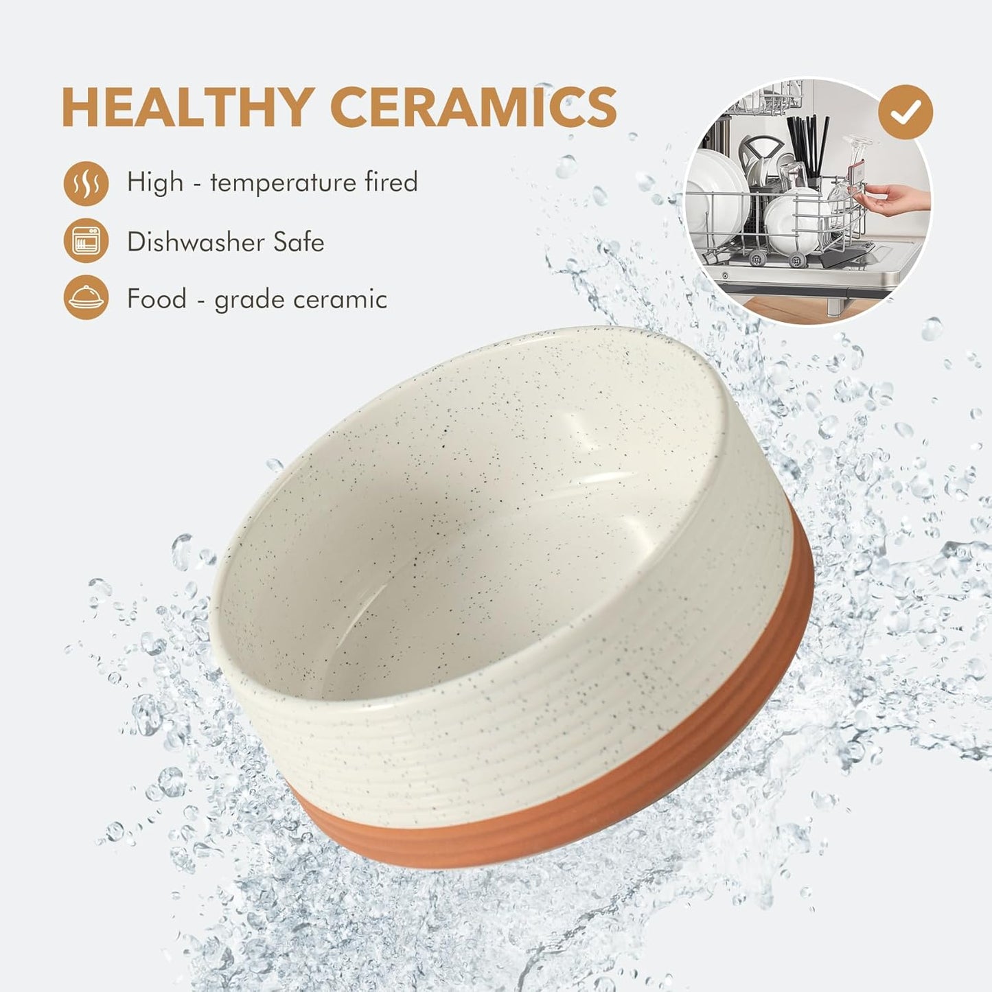 Ceramic 8.2inch Raised Double Dog Bowls Set with Acacia Wood Stand, Food & Water Bowls for Large Breed Dogs, Weighted Pet Dishes(60oz, Vanilla White)