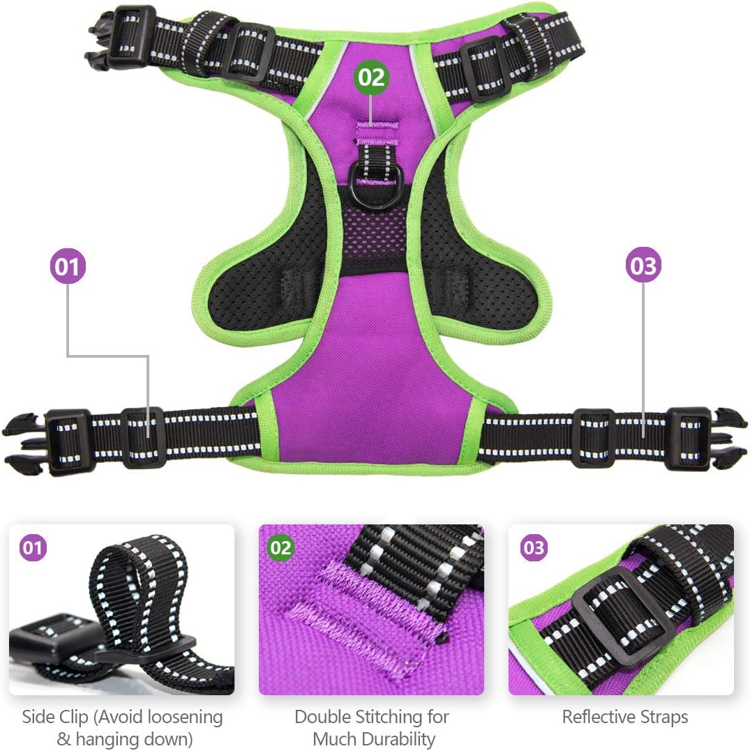 PHOEPET 2019 No Pull Dog Harness Medium Reflective Front Clip Vest with Handle,Adjustable 2 Metal Rings 3 Buckles,[Easy to Put on & Take Off](M, Purple)