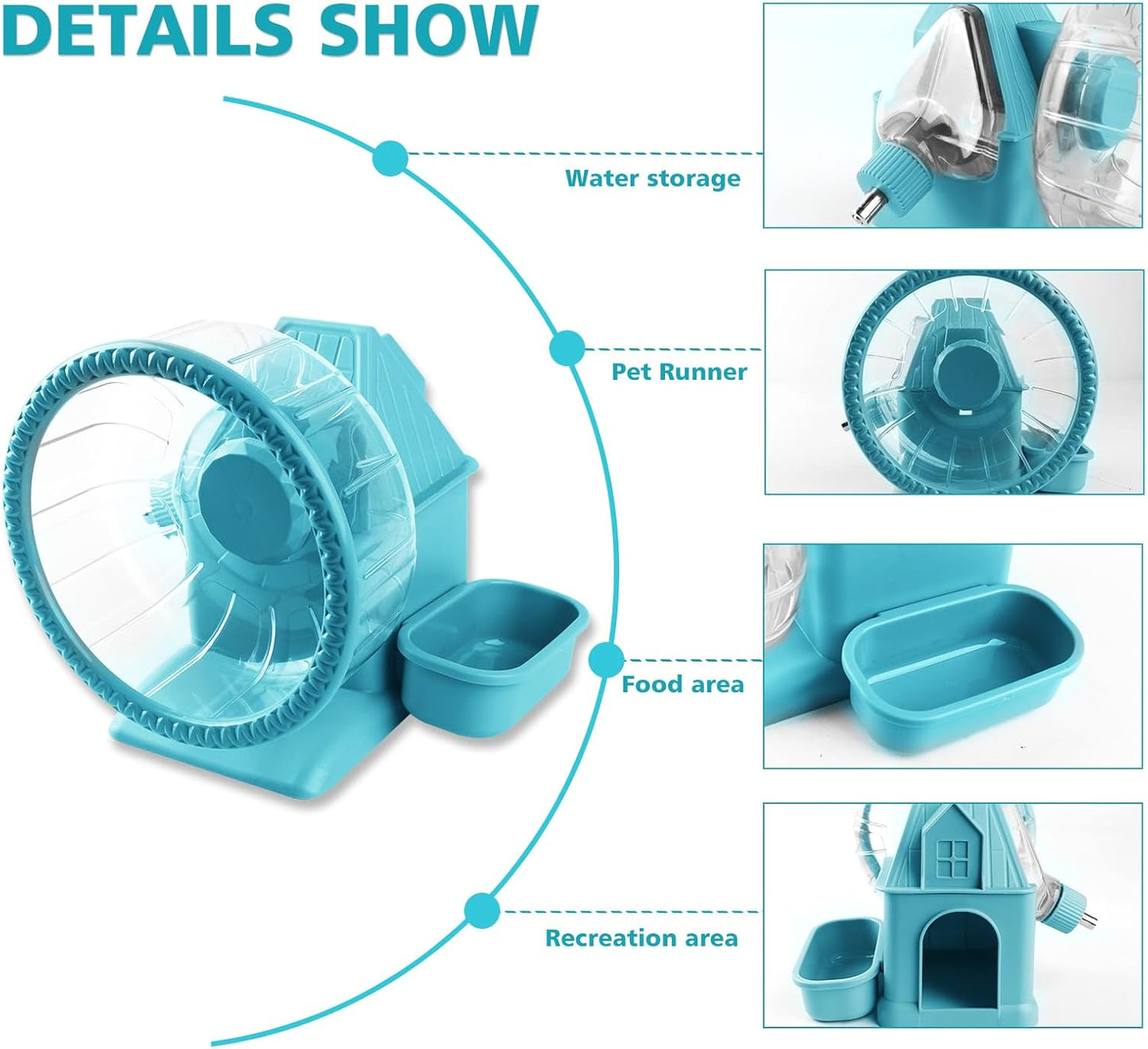 4 in 1 Silent Large Hamster Wheel Multifunctional Hamster Running Wheel Quite Running Spinner Wheel Accessories with Food Bowl Water Bottle for Hamsters Dwarf Gerbil (Blue)