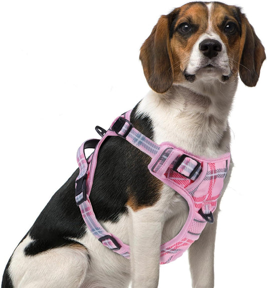 PUPTECK No Pull Dog Harness Medium Sized, Adjustable Reflective Dog Harness with Handle Easy Control, Comfortable Soft Padded Pet Vest Harness for Medium Dogs, Plaid Pink M
