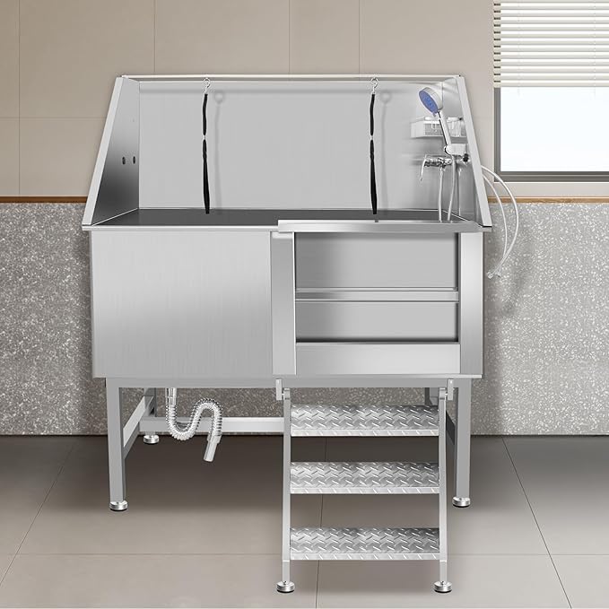 50" Pet Dog Bathing Station W/Stairs, Professional Stainless Steel Dog Grooming Tub W/Soap Box, Faucet,Rich Accessory, Dog Bathtub for Large,Medium,Small Pets, Washing Sink for Home (50" Right ramp)