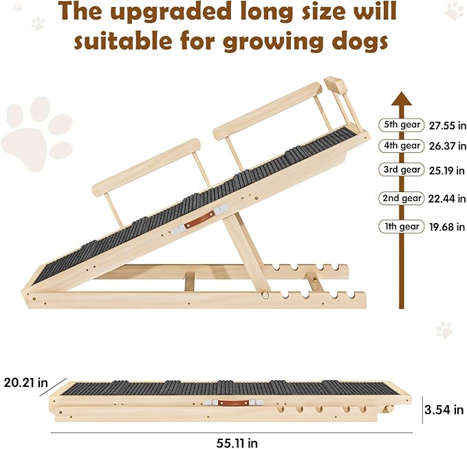 Dog Ramp for Couch, Bed or Car, Wooden 55" Long Pet Stairs for Small & Large Old Dogs & Cats, Hold up to 250lb, 6 Adjustable Height from 19.68" to 27.55" Portable Doggie Steps, Excellent Traction