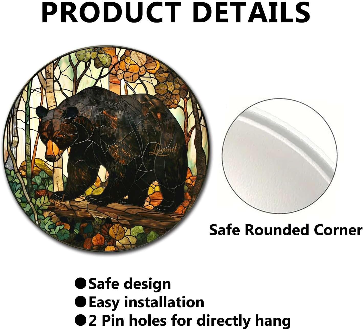 Lygond Metal Sign Tin Sign Circular Stained Glass American Black Bear Funny Outdoor Decor for Gift 12×12 Inches