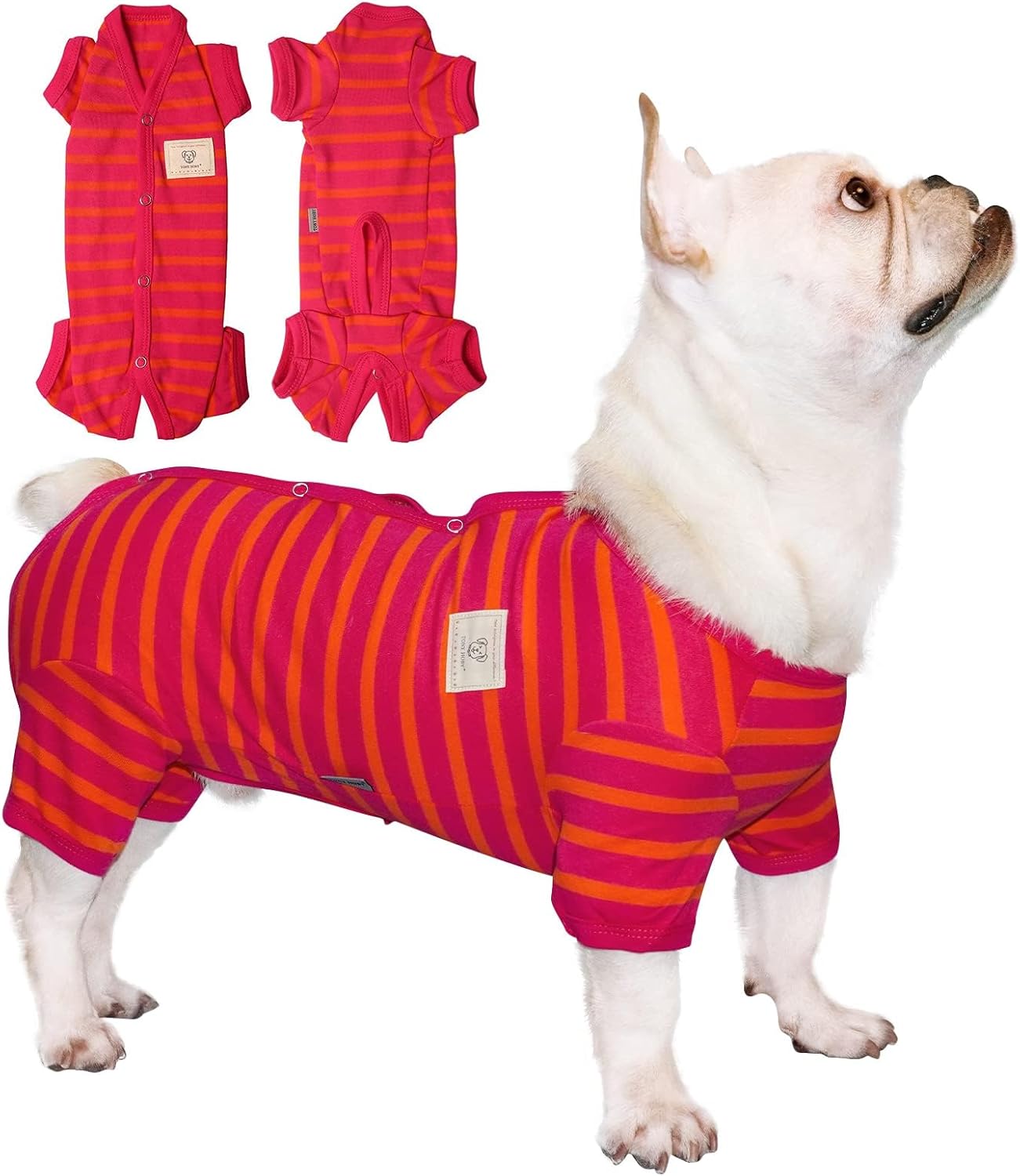 TONY HOBY Female/Male Dog Pajamas, Dog Jumpsuit 4 Legged Pajamas with Stripes, Soft Cotton for Comfortable Sleep (Rose Red&Orange, Boy, M)