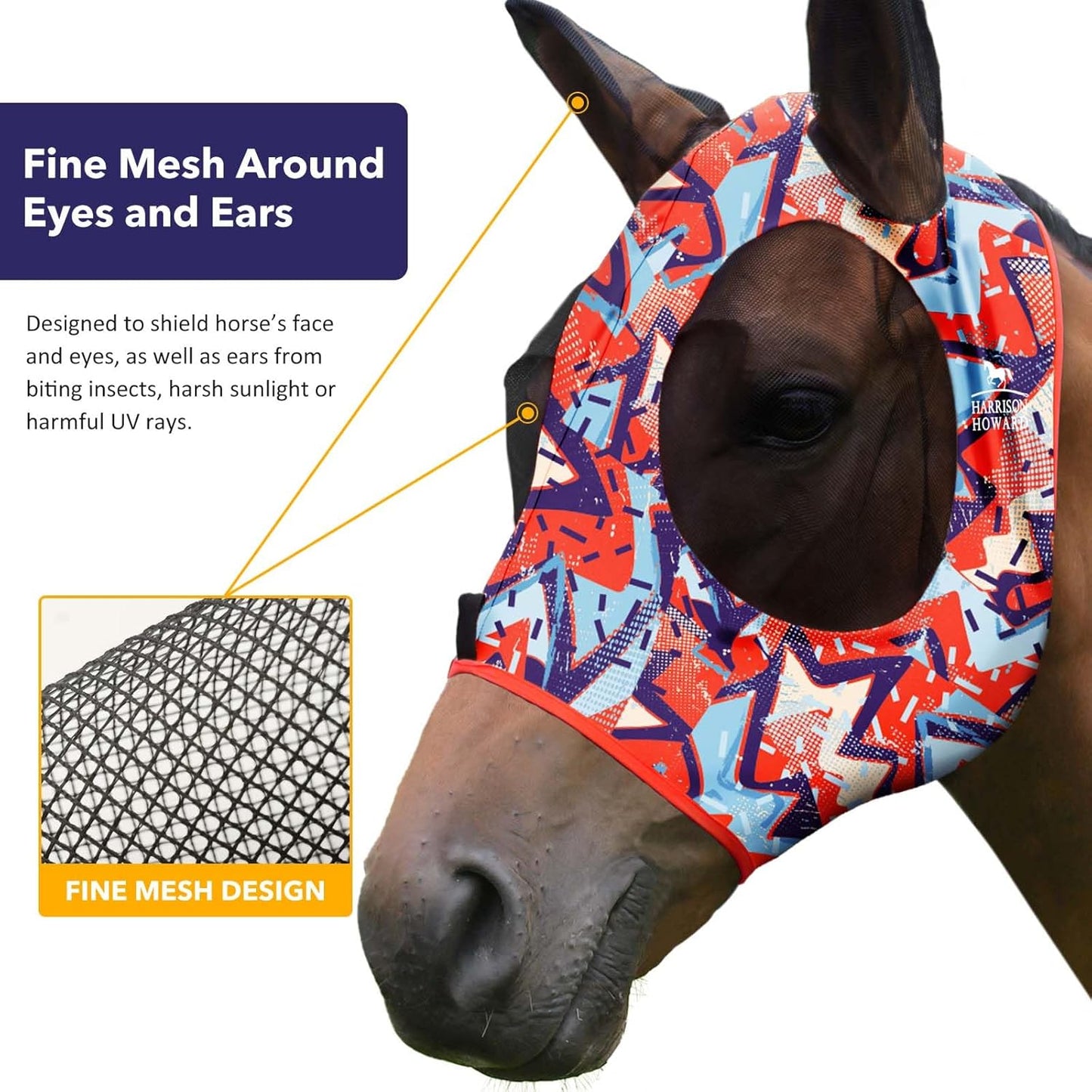 Harrison Howard Super Comfort Stretchy Fly Mask Large Eye Space with UV Protection Soft on Skin with Breathability Orange Geo Print M Cob