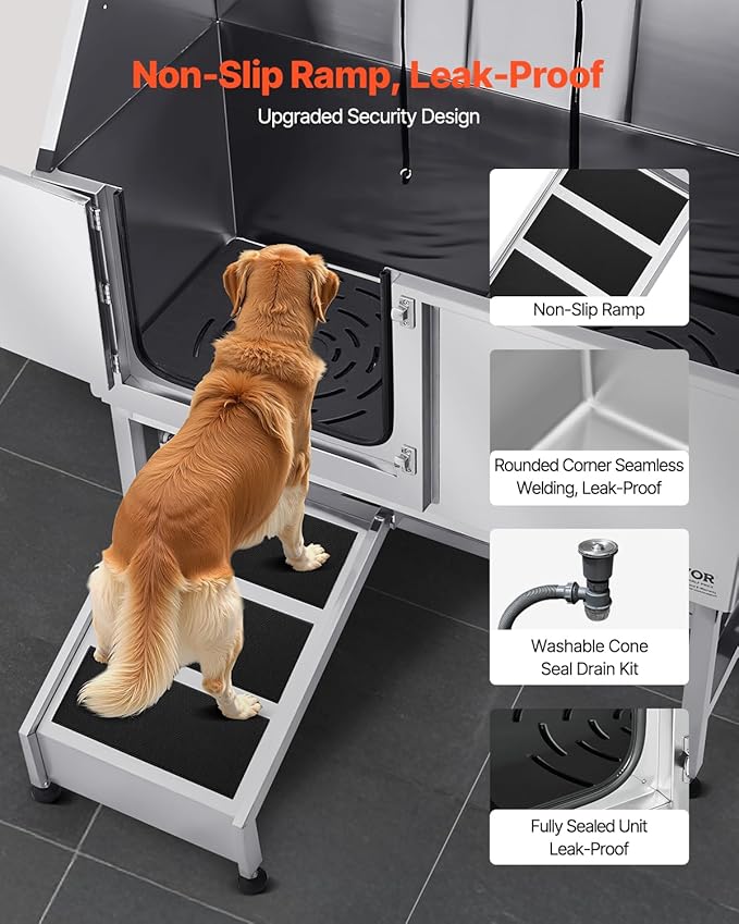 VEVOR Stainless Steel Dog Washing Station, Professional 62 inch Pet Grooming Tub w/Ramp, PE Water Filter Board, Faucet & Showerhead & Soap Holder Bathtub for Large & Medium & Small Pets (Left Door)