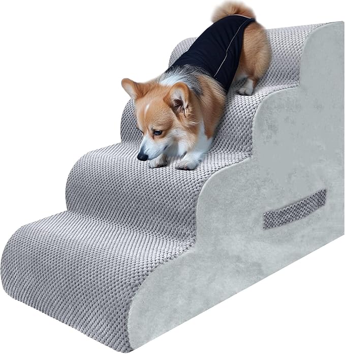 PAWSCART Dog Stairs for Small Dogs and Cats, 4-Step Dog Steps for Bed, 19.6" H Pet Stairs for High Bed, Pet Ramp for Couch, Sofa, Non-Slip Surface Removable Washable Cover, LightGrey
