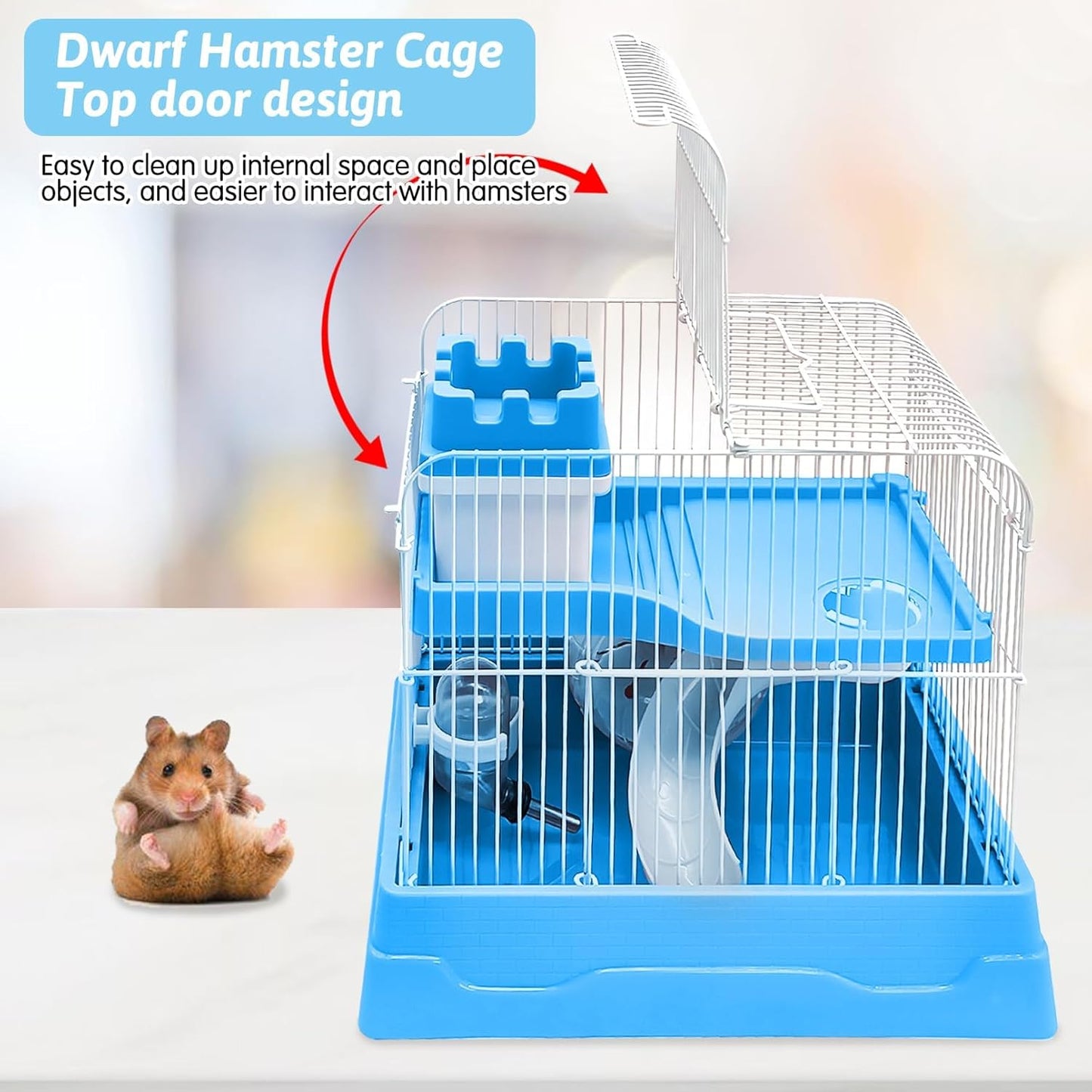 PINVNBY 2-Tier Dwarf Hamster Cage, Travel Portable Mouse Cage Gerbil Cages and Habitats Small Animal Carrier with Castle House Running Exercise Wheels, Water Bottle and Food Dish(Gray)