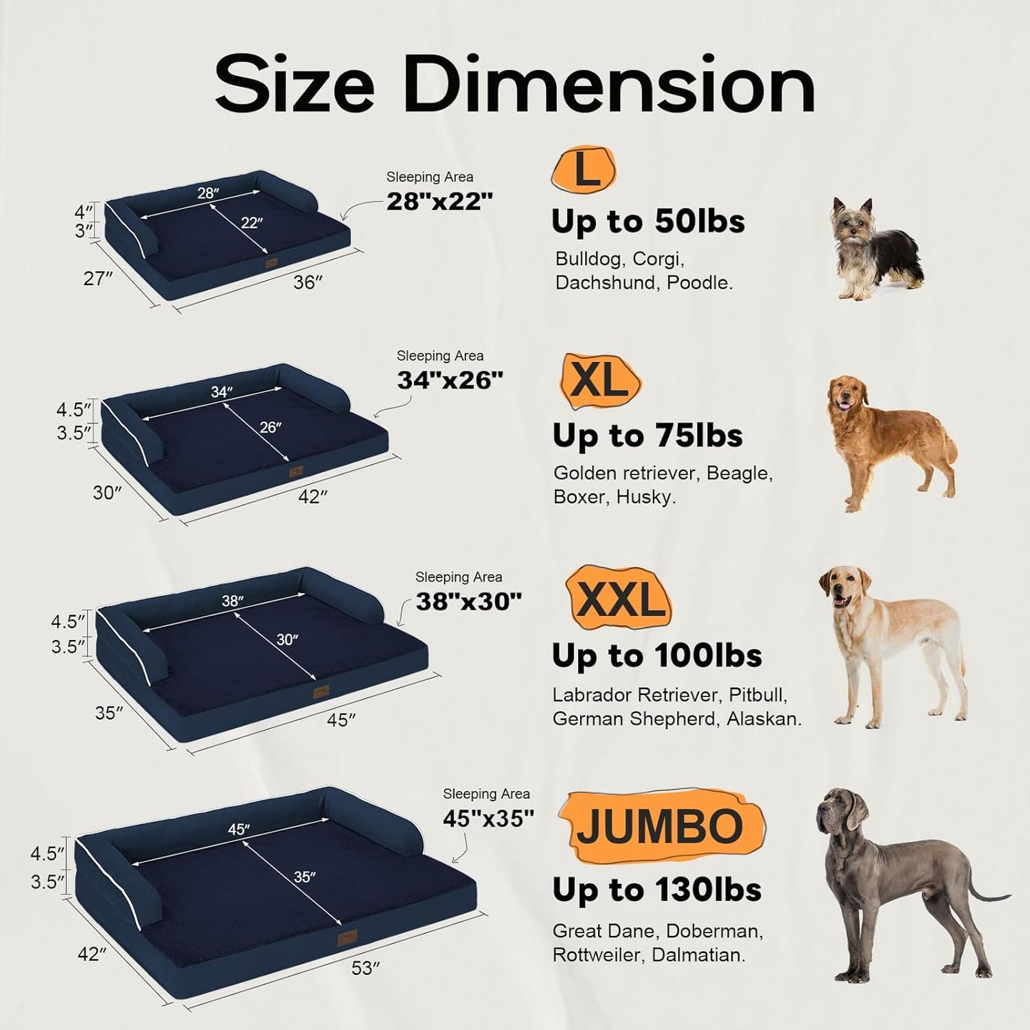 Large Dog Bed Orthopedic Washable | Beds Bolster Pet | XL Large Big Dogs | Memory Foam Couch Sofa | Waterproof with Removable Cover | Navy Blue Dog Bed