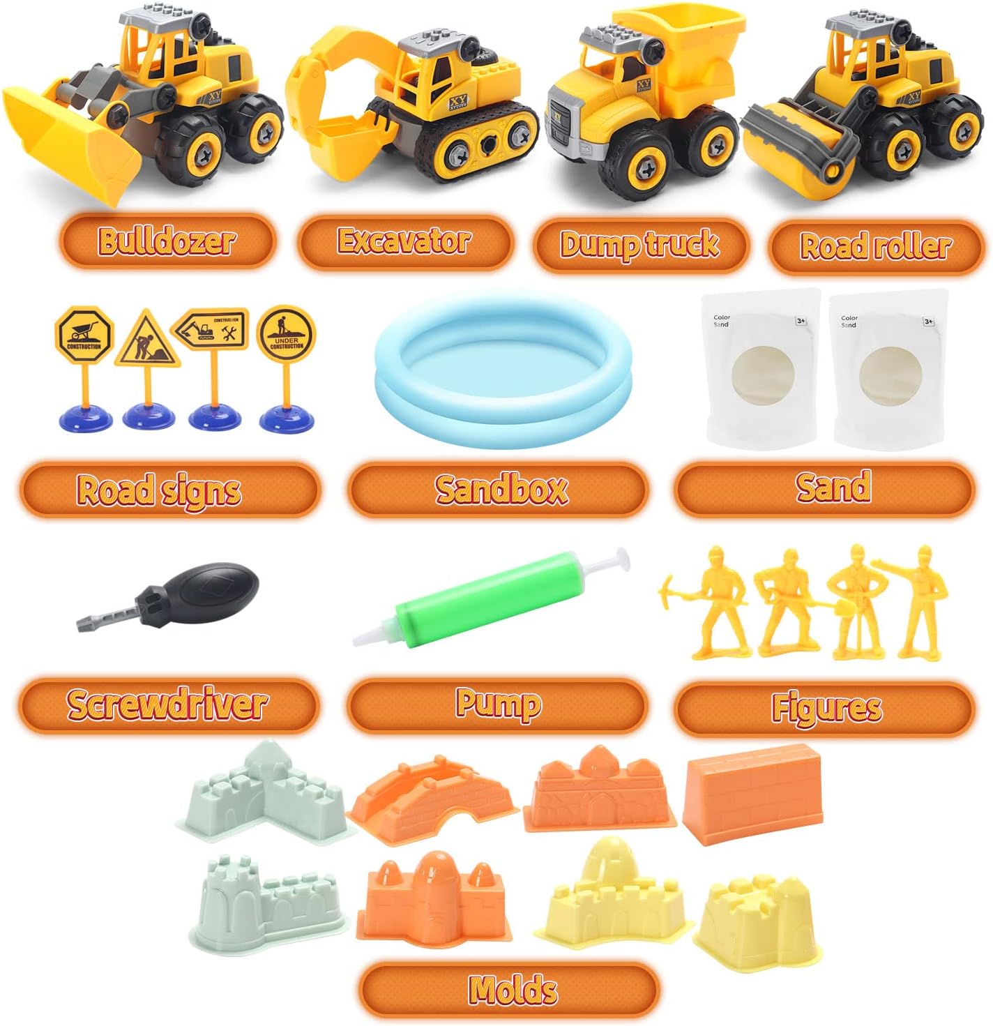Play Construction Sand Kit,2.2lbs Magic Sand W/4 Large Take Apart Construction Trucks,1 Sandbox,8 Worker Figures and Road Signs,8 Molds,Toys for 2-8 Years Old Boys Girls