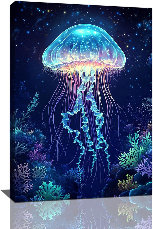 Ocean Jellyfish Wall Art Canvas Coral Fish Wall Decor Prints Framed Painting Underwater Pictures Gifts Artwork for Bathroom Living Dining 16"x24"