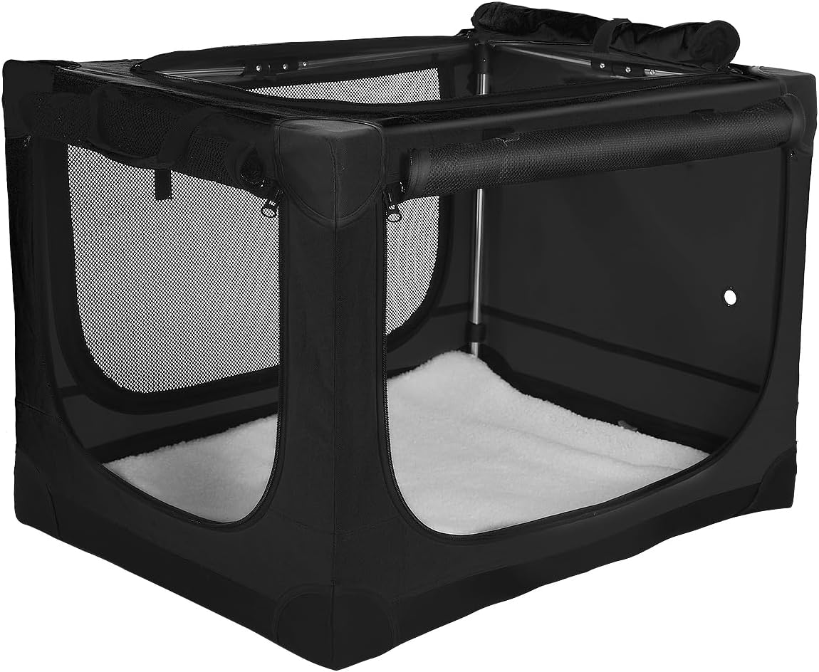 42-Inch Collapsible Travel Dog Crate, Portable 4-Door Soft Kennel for Medium to Large Dogs, Durable Mesh Windows, Indoor/Outdoor Use, Foldable, with Storage Bag (Black)