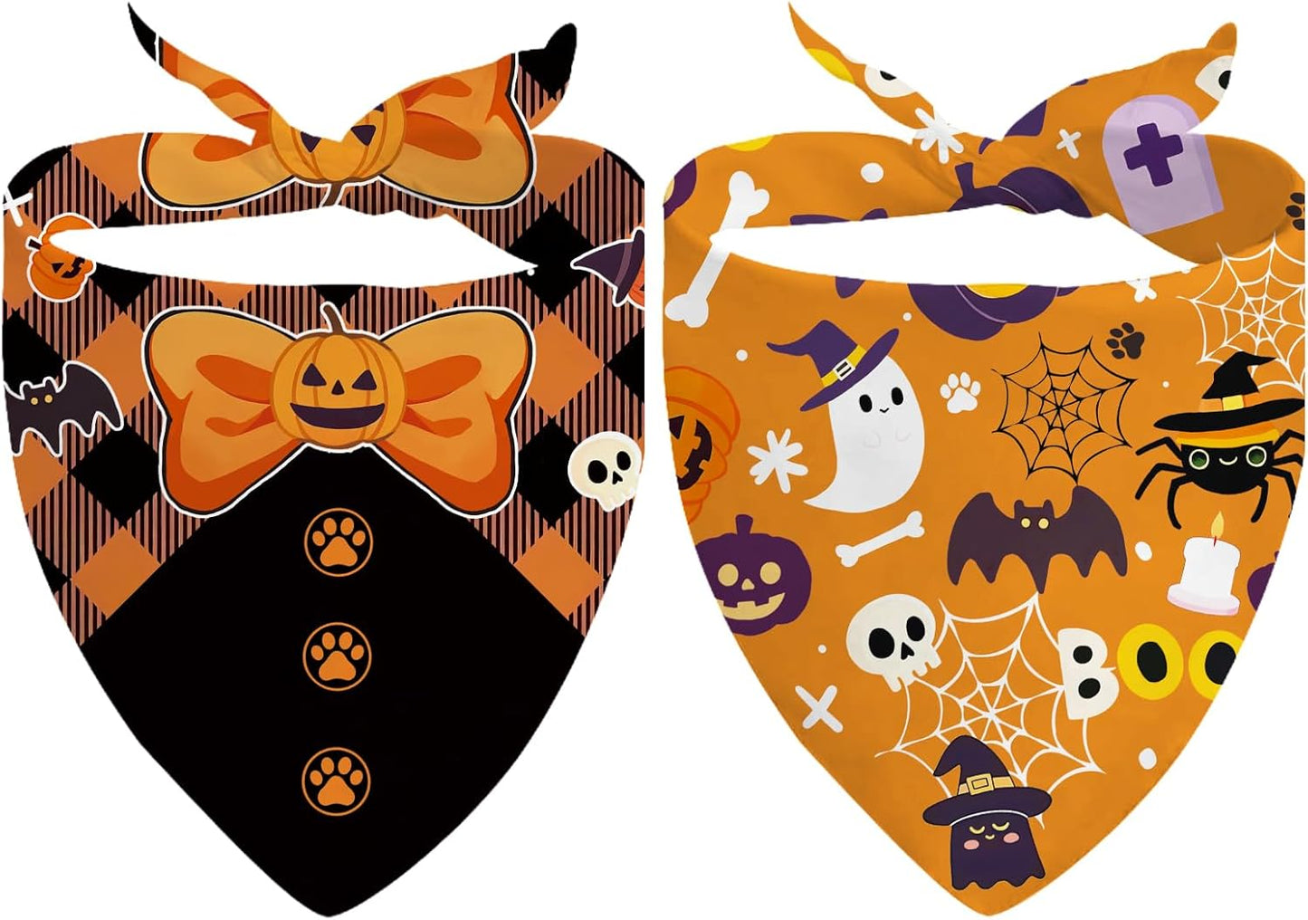 Halloween Dog Bandanas 2 Pcs, Pet Scarf for Dog Girl Boy, Spooky Triangle Puppy Scarf Kerchief Bandana Pet Dogs On Halloween, Ghost Pumpkin Bat Print Gifts for Dogs Lovers (Medium)