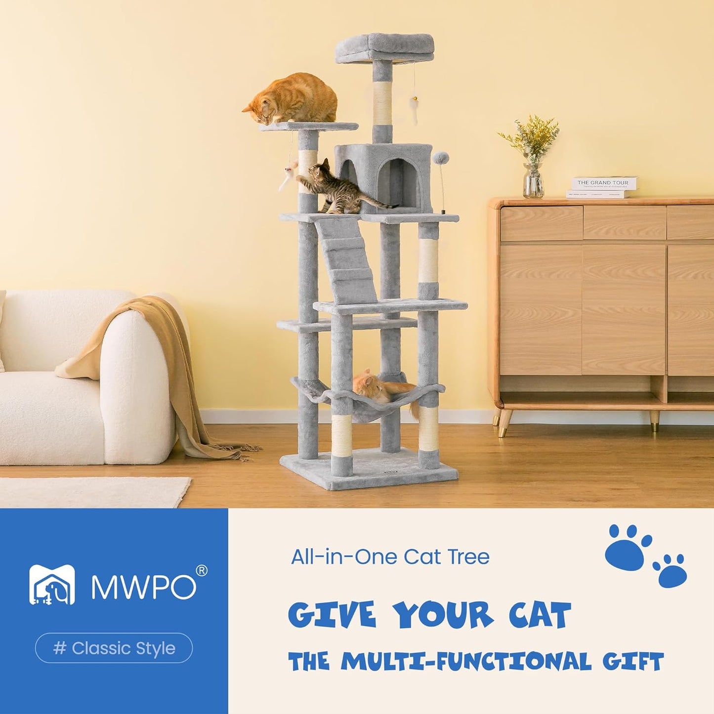 MWPO 63.8 inches Multi-Level Cat Tree for Large Cats with Sisal-Covered Scratching Posts, Padded Platform, Hammock and Condo,Stable Cat Tower Cat Condo Pet Play House-Light Gray