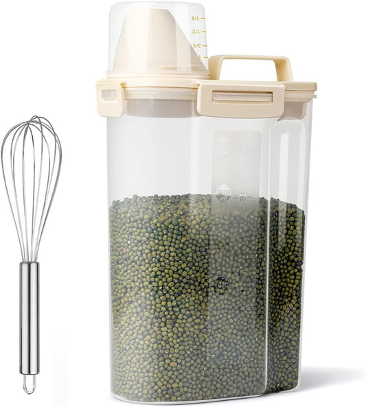 Rice Airtight Dry Food Storage Containers, BPA Free Plastic Storage Bin Dispenser with Pourable Spout, Measuring cup for Cereal, Flour and Baking Supplies, Include a Stainless Steel Whisk