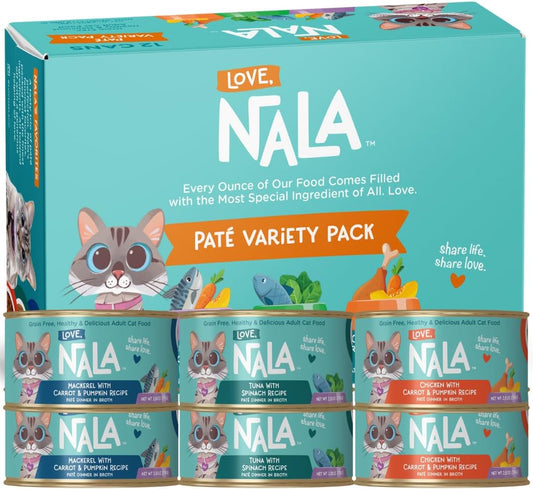 LOVE, NALA - Natural Adult Cat Wet Food - Pate Variety Pack - Tuna, Chicken, Mackerel - Grain Free, Non-GMO, Fiber Blend, Minerals, Vitamins - 12 Pack 2.1 lbs.