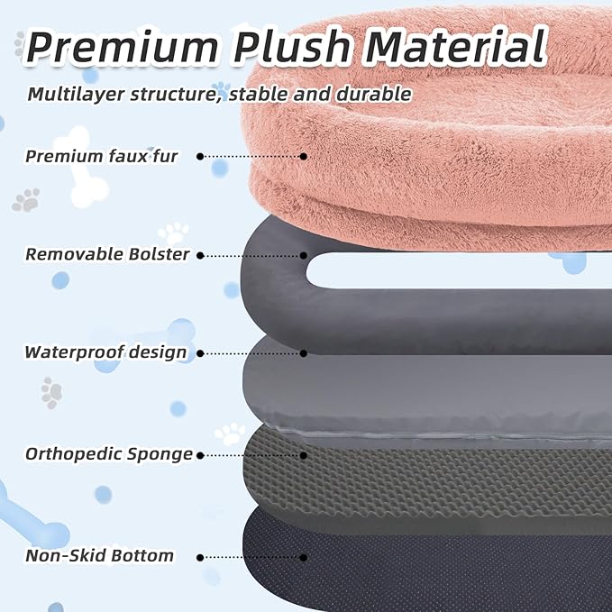 Human Dog Bed for Adults & Pets, 63"x32"x10" Faux Fur Nap Bed with Pillow, Blanket & Strap, Orthopedic Washable Lounger for Sleeping, Relaxing, Cuddling – Pink