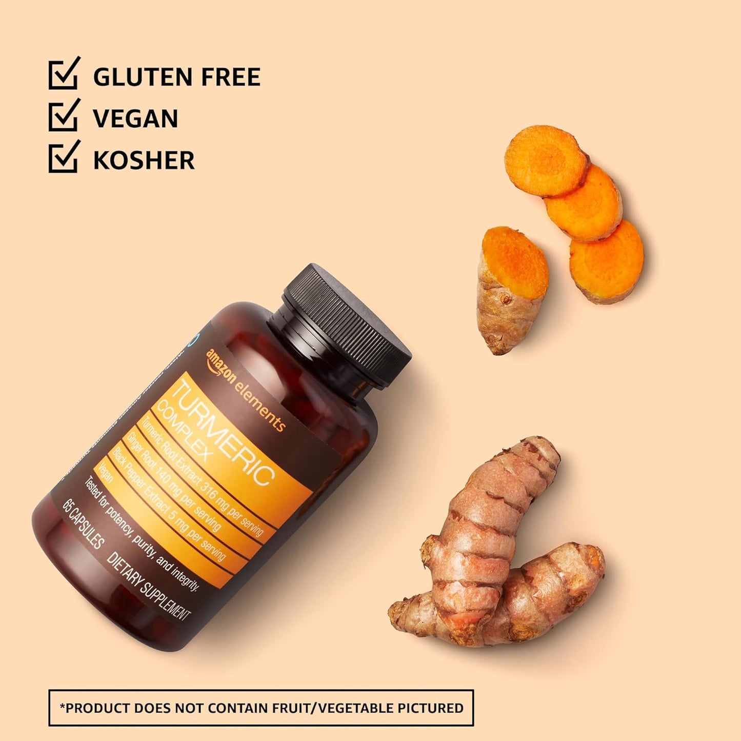 Amazon Elements Turmeric Complex, 316 mg Curcumin, 140 mg Ginger, 5 mg Black Pepper - Joint & Immune System, Healthy Inflammation Response - 65 Capsules (2 Month Supply) (Pack of 2)