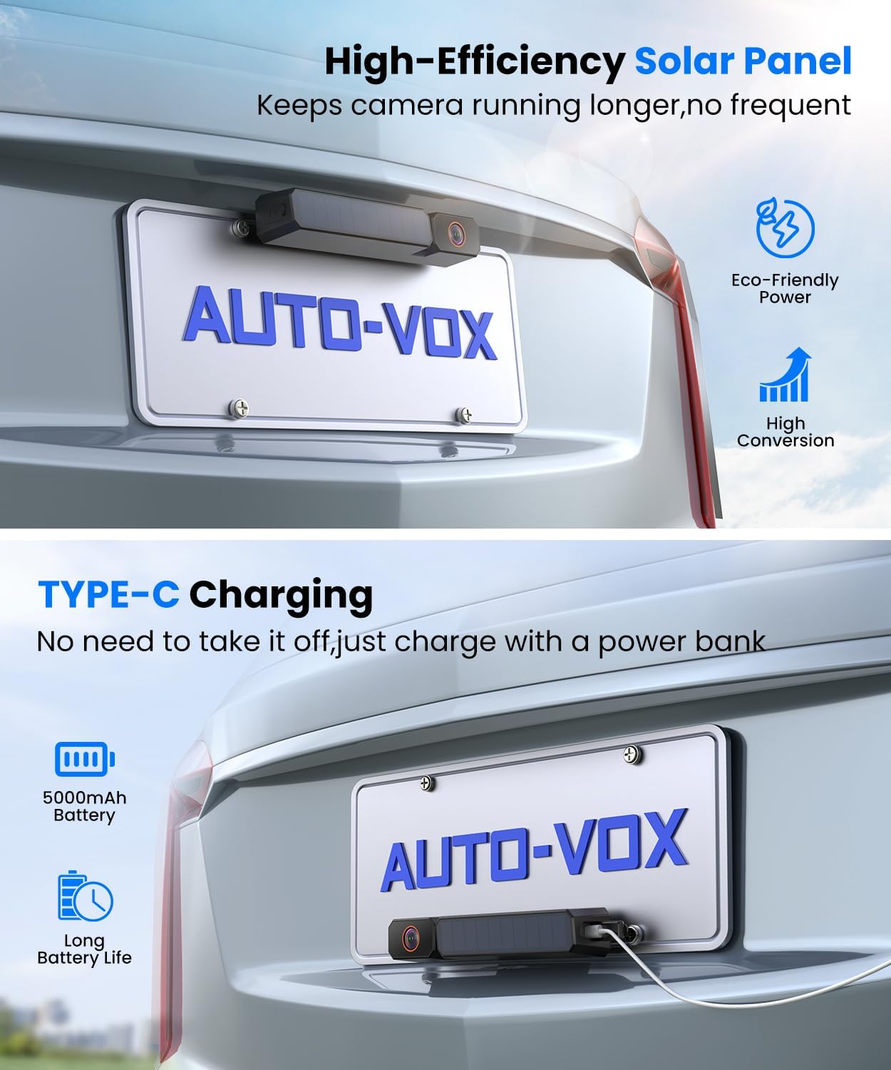 AUTO-VOX Solar Wireless Backup Camera with 5" 1080P Monitor: 5000mAh Battery 2 Mins DIY Installation & 2 Split Screen Back Up Camera, IP69K Waterproof Reverse Camera for Car, Van, SUV, Truck, Trailer