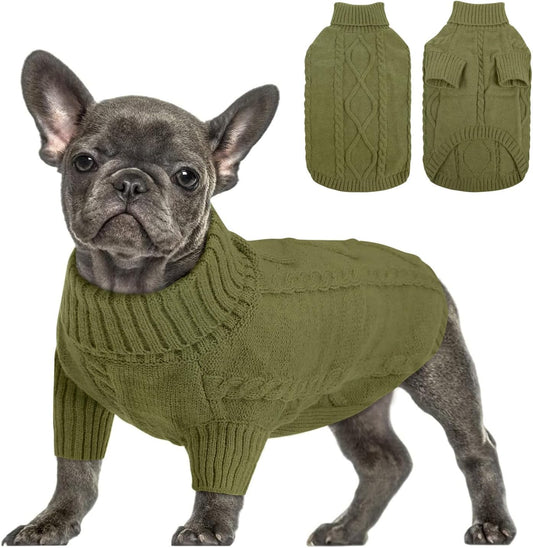 Queenmore Small Dog Pullover Sweater, Cold Weather Cable Knitwear, Classic Turtleneck Thick Warm Clothes for Chihuahua, Bulldog, Dachshund, Pugl,OliveGreen,M