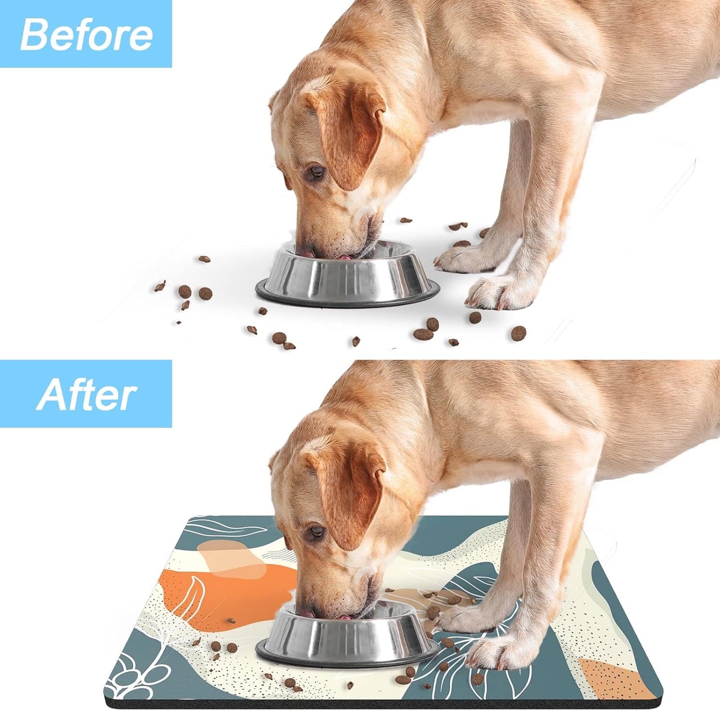 Rnivvi Dog Food Mat, 12" x 19" Boho Absorbent Dog Cat Bowl Mat for Food and Water, Cute Anti-Slip Rubber Pet Feeding Rug Protect Floors, Puppy Placemat for Feeding & Watering Supplies, Abstract Leaves